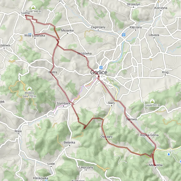 Map miniature of "Exploring Grzywa and Bystra" cycling inspiration in Małopolskie, Poland. Generated by Tarmacs.app cycling route planner