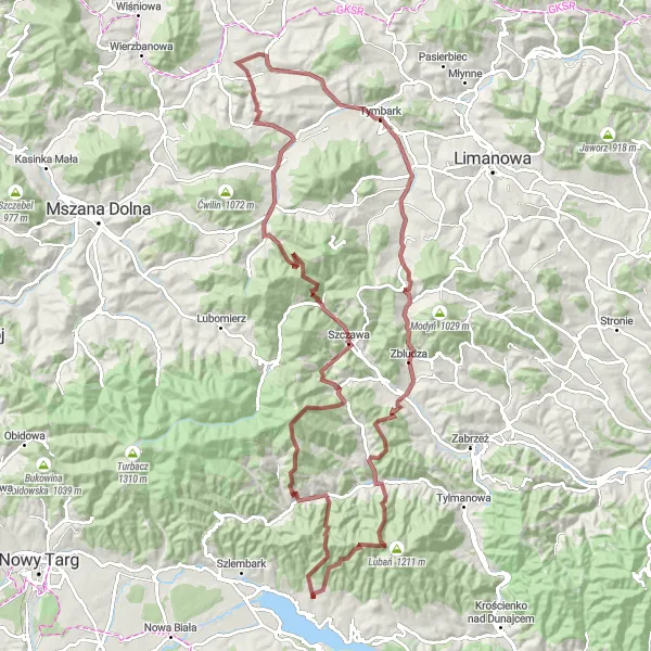 Map miniature of "Jaworzyny and Goła Góra Gravel Adventure" cycling inspiration in Małopolskie, Poland. Generated by Tarmacs.app cycling route planner