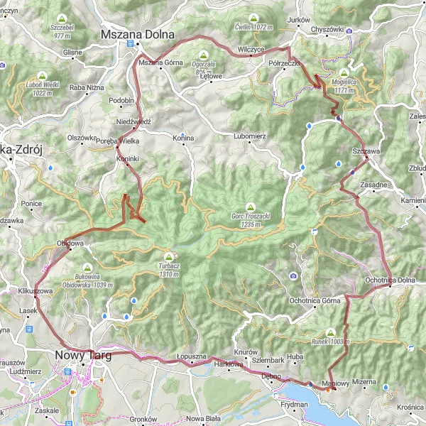 Map miniature of "Groniki Gravel Adventure" cycling inspiration in Małopolskie, Poland. Generated by Tarmacs.app cycling route planner