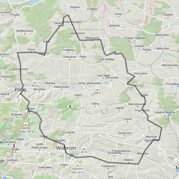 Map miniature of "Wolbrom Route" cycling inspiration in Małopolskie, Poland. Generated by Tarmacs.app cycling route planner