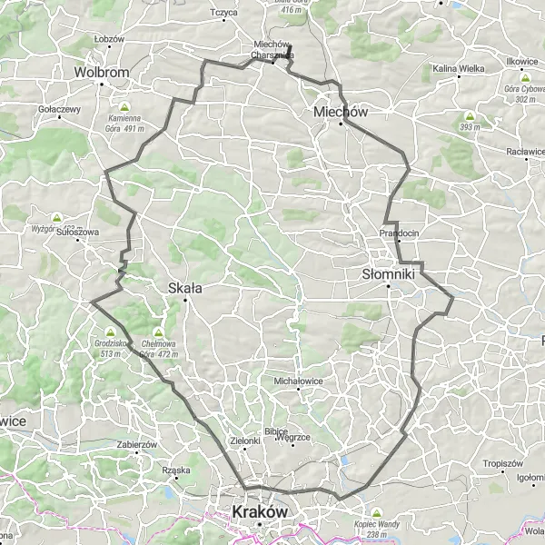 Map miniature of "Miechów Charsznica Loop" cycling inspiration in Małopolskie, Poland. Generated by Tarmacs.app cycling route planner