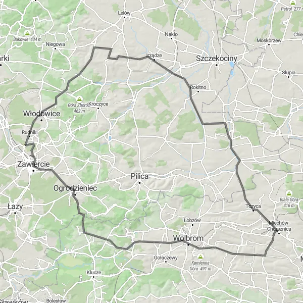 Map miniature of "Wolbrom and Łany Wielkie Circuit" cycling inspiration in Małopolskie, Poland. Generated by Tarmacs.app cycling route planner