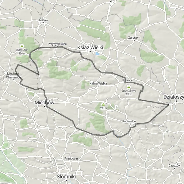 Map miniature of "Racławice Loop" cycling inspiration in Małopolskie, Poland. Generated by Tarmacs.app cycling route planner
