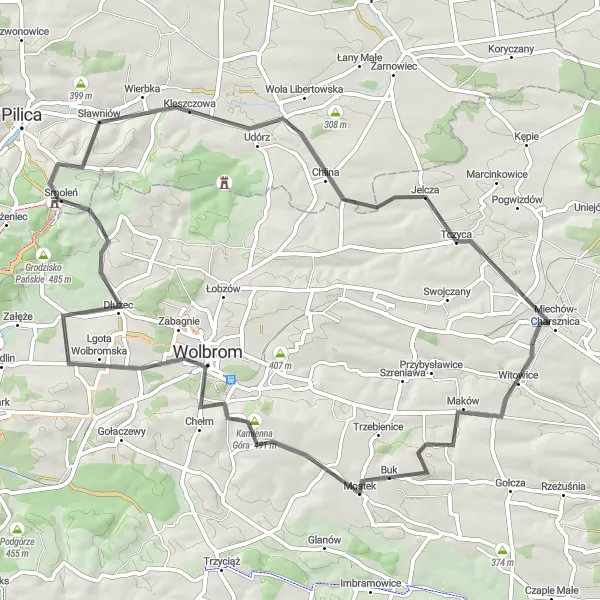 Map miniature of "Bukowska Góra Loop" cycling inspiration in Małopolskie, Poland. Generated by Tarmacs.app cycling route planner