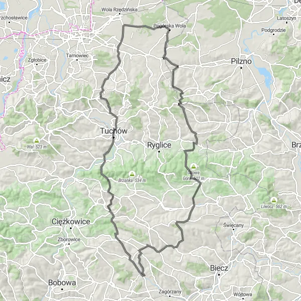 Map miniature of "Moszczenica Scenic Road Ride" cycling inspiration in Małopolskie, Poland. Generated by Tarmacs.app cycling route planner