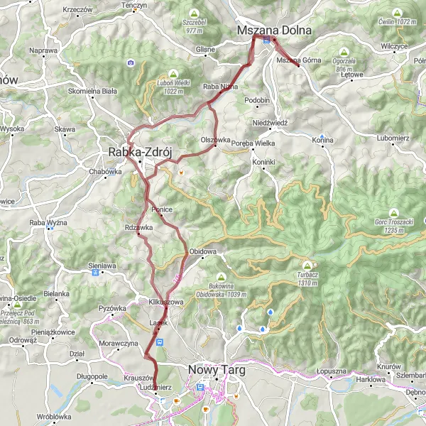 Map miniature of "Scenic Ride to Mszana Górna" cycling inspiration in Małopolskie, Poland. Generated by Tarmacs.app cycling route planner