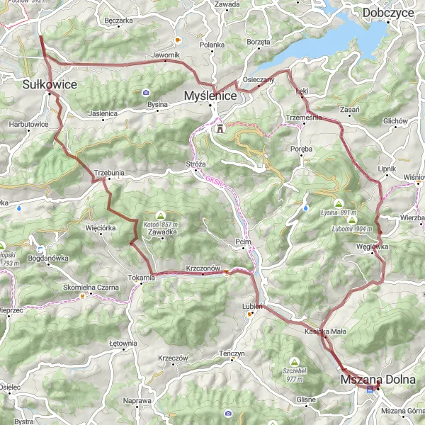 Map miniature of "Gravel Adventure to Grunwald" cycling inspiration in Małopolskie, Poland. Generated by Tarmacs.app cycling route planner