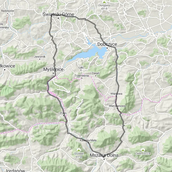 Miniatura mapy "Dookoła Mszany Dolnej" - trasy rowerowej w Małopolskie, Poland. Wygenerowane przez planer tras rowerowych Tarmacs.app