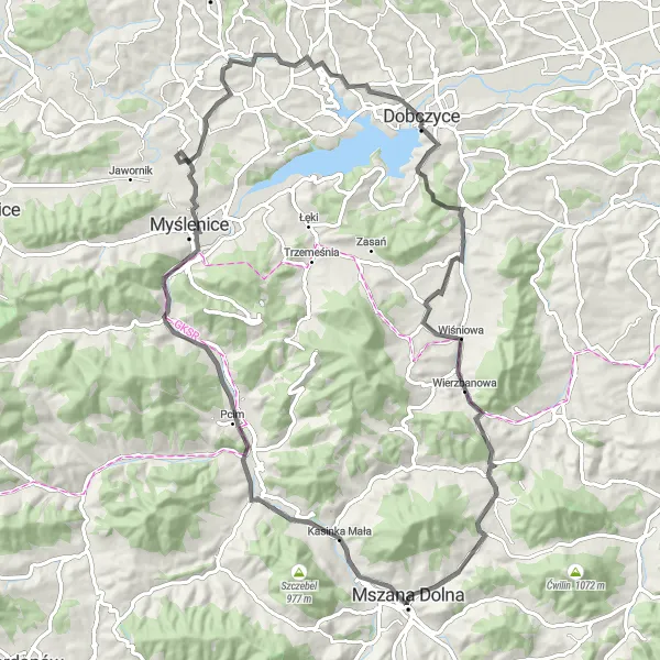 Map miniature of "Challenging Climb to Góra Zamkowa" cycling inspiration in Małopolskie, Poland. Generated by Tarmacs.app cycling route planner