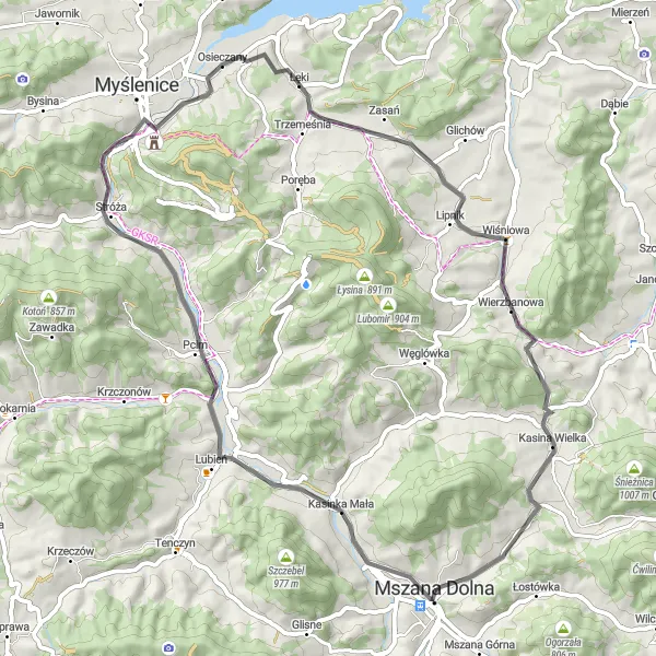 Map miniature of "Rolling Hills and Wierzbanowa" cycling inspiration in Małopolskie, Poland. Generated by Tarmacs.app cycling route planner