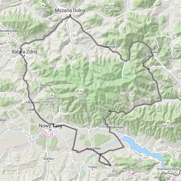 Map miniature of "Mountainous Escapade" cycling inspiration in Małopolskie, Poland. Generated by Tarmacs.app cycling route planner