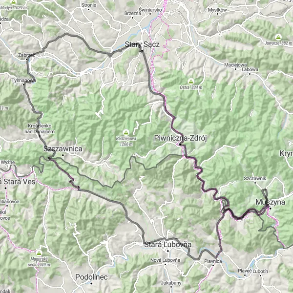Map miniature of "Muszyna - Mikowa - Malý Lipník - Chmeľnica - Kamienka - Stráňanské sedlo - Przechodni Wierch - Łąkcica - Babia - Zamczysko - Cycówka - Zubrzyk - Oltárik - Złockie" cycling inspiration in Małopolskie, Poland. Generated by Tarmacs.app cycling route planner
