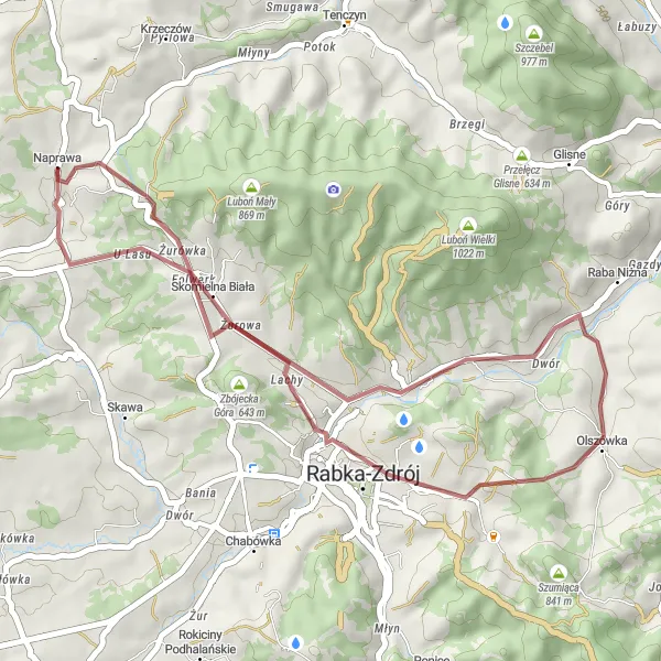 Map miniature of "Naprawa - Olszówka - Naprawa Gravel Ride" cycling inspiration in Małopolskie, Poland. Generated by Tarmacs.app cycling route planner