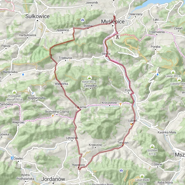 Map miniature of "Hidden Gem Route" cycling inspiration in Małopolskie, Poland. Generated by Tarmacs.app cycling route planner