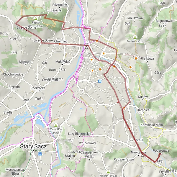 Map miniature of "Gravel Bliss: Chełmiec, Paścia Góra, Rdziostów" cycling inspiration in Małopolskie, Poland. Generated by Tarmacs.app cycling route planner