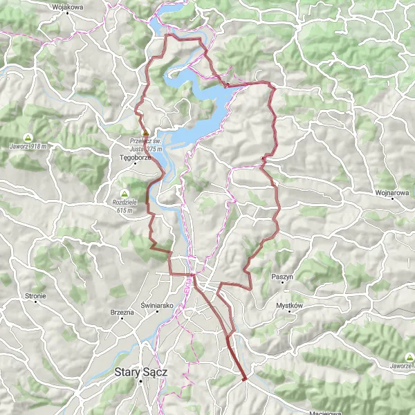 Map miniature of "Gorgeous Gravel Explorer" cycling inspiration in Małopolskie, Poland. Generated by Tarmacs.app cycling route planner