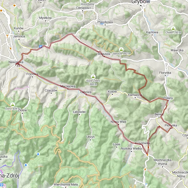 Map miniature of "Off the Beaten Path: Kamionka Wielka, Goła Góra, Kiczera Niżna" cycling inspiration in Małopolskie, Poland. Generated by Tarmacs.app cycling route planner