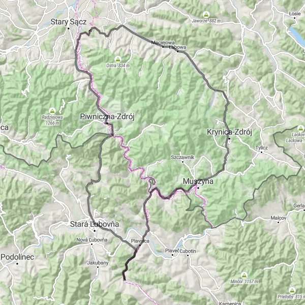 Map miniature of "Panoramic Adventure: Ruiny Zamku Starostów, Old Ľubovňa Castle" cycling inspiration in Małopolskie, Poland. Generated by Tarmacs.app cycling route planner