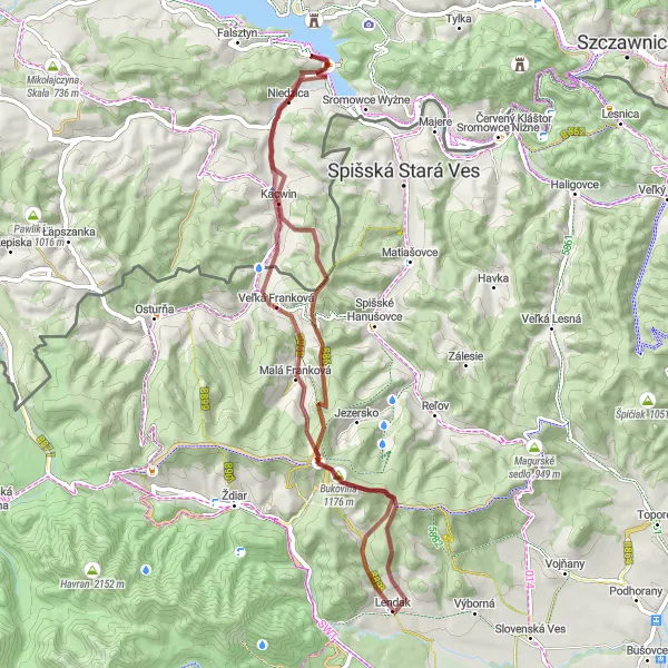 Map miniature of "Niedzica Gravel Adventure" cycling inspiration in Małopolskie, Poland. Generated by Tarmacs.app cycling route planner