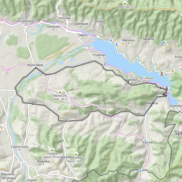 Map miniature of "Niedzica Castle Loop" cycling inspiration in Małopolskie, Poland. Generated by Tarmacs.app cycling route planner