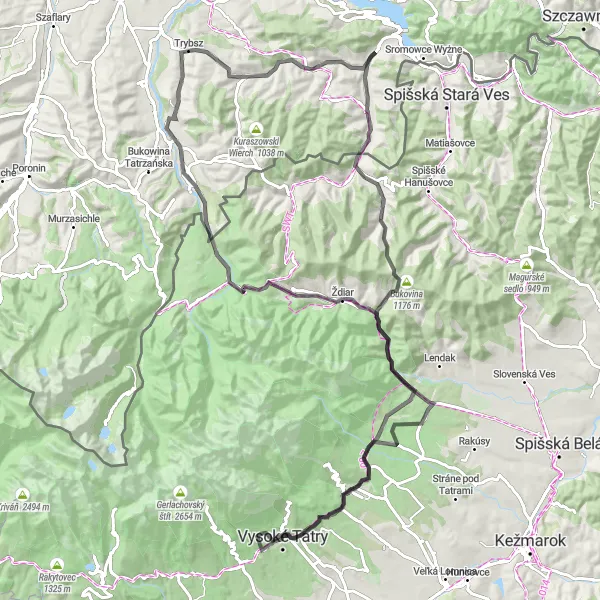 Map miniature of "Road Cycling Challenge in the Tatras" cycling inspiration in Małopolskie, Poland. Generated by Tarmacs.app cycling route planner