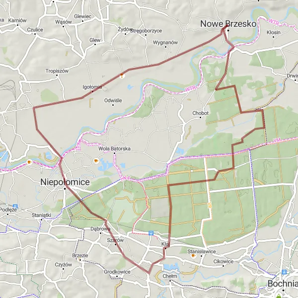 Map miniature of "Gravel Route: Nowe Brzesko to Wawrzeńczyce" cycling inspiration in Małopolskie, Poland. Generated by Tarmacs.app cycling route planner