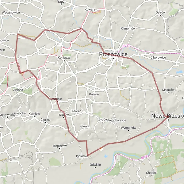 Map miniature of "The Igołomia Gravel Adventure" cycling inspiration in Małopolskie, Poland. Generated by Tarmacs.app cycling route planner