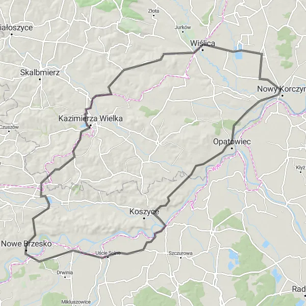 Map miniature of "Road Route: Nowe Brzesko to Ispina" cycling inspiration in Małopolskie, Poland. Generated by Tarmacs.app cycling route planner