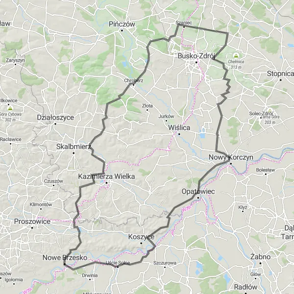 Map miniature of "The Charming Countryside Road" cycling inspiration in Małopolskie, Poland. Generated by Tarmacs.app cycling route planner