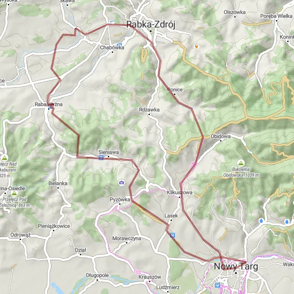 Miniatura mapy "Trasa Gravel Lasek - Nowy Targ" - trasy rowerowej w Małopolskie, Poland. Wygenerowane przez planer tras rowerowych Tarmacs.app