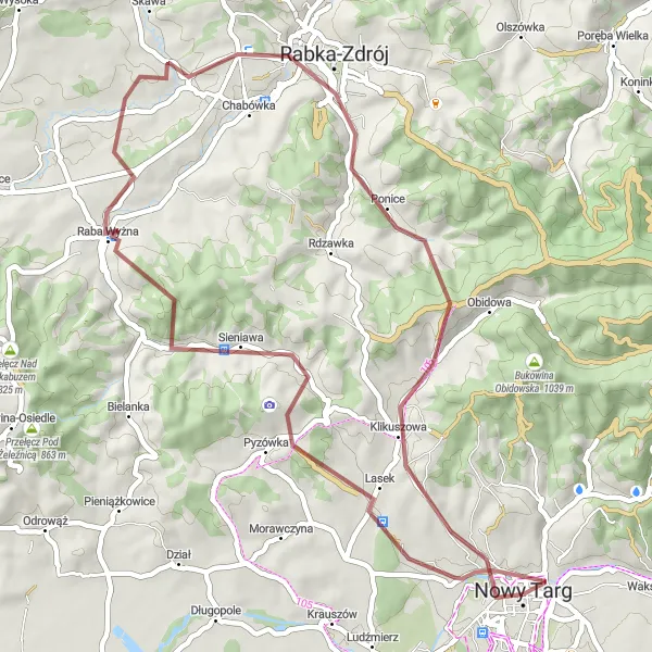 Map miniature of "The Wild and Picturesque Gravel Route" cycling inspiration in Małopolskie, Poland. Generated by Tarmacs.app cycling route planner