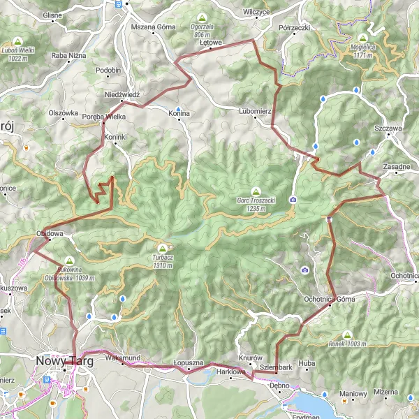 Miniatura mapy "Trasa Gravel Obidowa - Nowy Targ" - trasy rowerowej w Małopolskie, Poland. Wygenerowane przez planer tras rowerowych Tarmacs.app