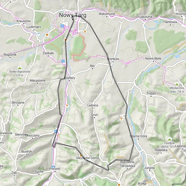 Map miniature of "The Road to Tranquility" cycling inspiration in Małopolskie, Poland. Generated by Tarmacs.app cycling route planner