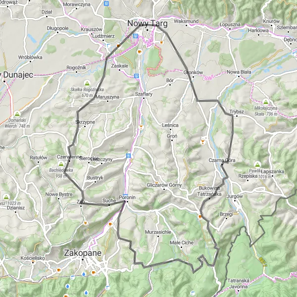 Map miniature of "Nowy Targ Loop" cycling inspiration in Małopolskie, Poland. Generated by Tarmacs.app cycling route planner