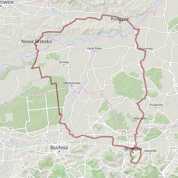 Miniatura mapy "Trasa Gravel: Okocim - Krzeczów - Ispina - Mokrzyska - Pałac Goetza" - trasy rowerowej w Małopolskie, Poland. Wygenerowane przez planer tras rowerowych Tarmacs.app