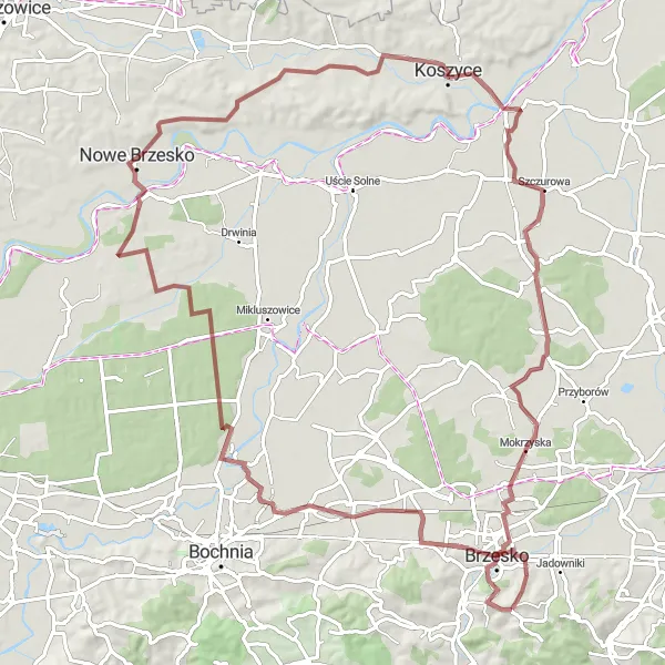 Map miniature of "Off-Road Gravel Escape" cycling inspiration in Małopolskie, Poland. Generated by Tarmacs.app cycling route planner