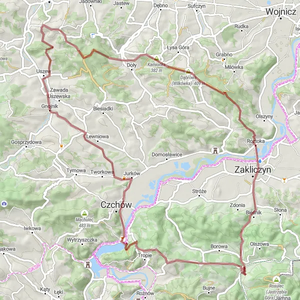 Map miniature of "Gravel Discoveries" cycling inspiration in Małopolskie, Poland. Generated by Tarmacs.app cycling route planner