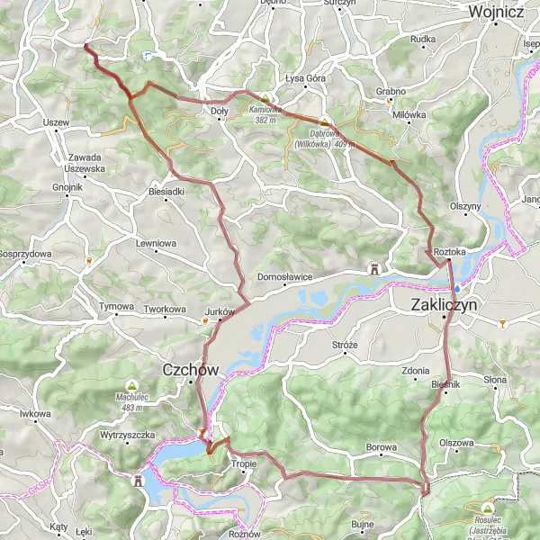 Map miniature of "Kamionka - Złota Gravel Cycling Route" cycling inspiration in Małopolskie, Poland. Generated by Tarmacs.app cycling route planner