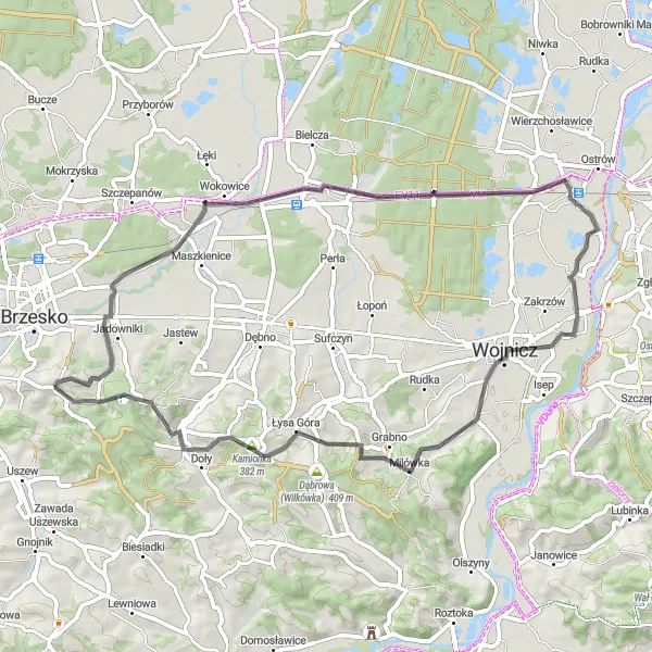 Map miniature of "Okocim Road Adventure" cycling inspiration in Małopolskie, Poland. Generated by Tarmacs.app cycling route planner