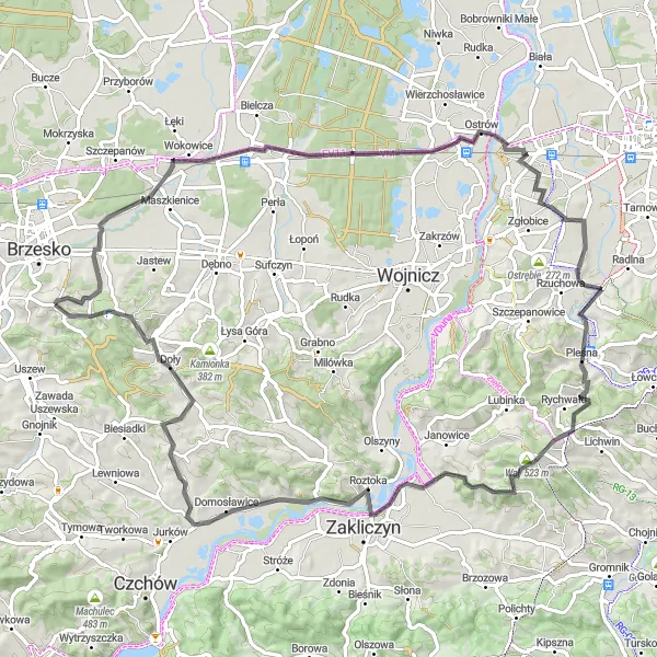 Miniatura mapy "Trasa Road: Okocim - Ostra Góra - Sterkowiec - Koszyce Wielkie - Wał - Biskupice Melsztyńskie - Łoniowa - Bocheniec" - trasy rowerowej w Małopolskie, Poland. Wygenerowane przez planer tras rowerowych Tarmacs.app