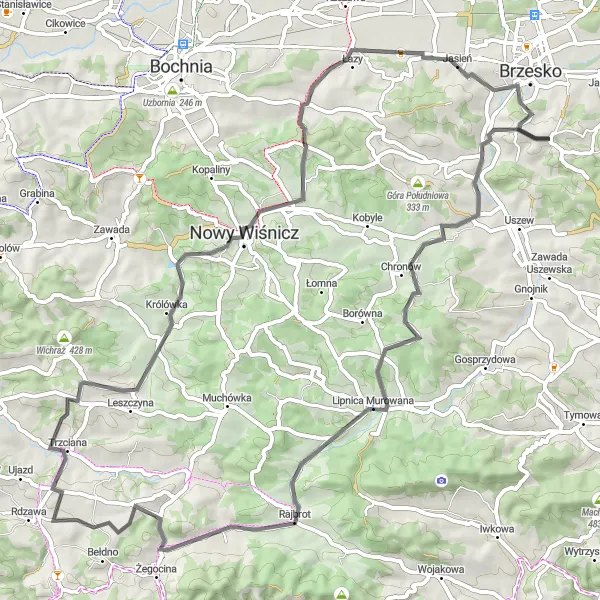 Map miniature of "Studzianki - Jasień Road Cycling Route" cycling inspiration in Małopolskie, Poland. Generated by Tarmacs.app cycling route planner