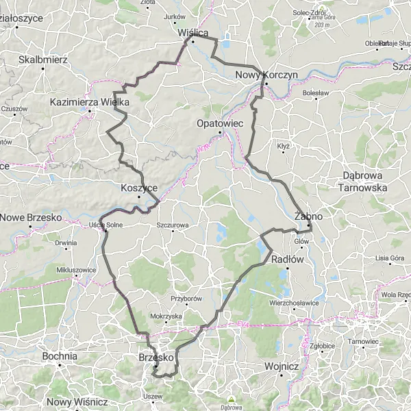 Map miniature of "Uście Solne - Ostra Góra Road Cycling Route" cycling inspiration in Małopolskie, Poland. Generated by Tarmacs.app cycling route planner