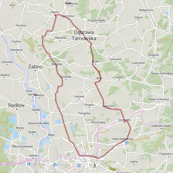 Map miniature of "Dąbrowa Tarnowska - Lisia Góra - Wola Rzędzińska - Wychylówka - Olesno Gravel Route" cycling inspiration in Małopolskie, Poland. Generated by Tarmacs.app cycling route planner