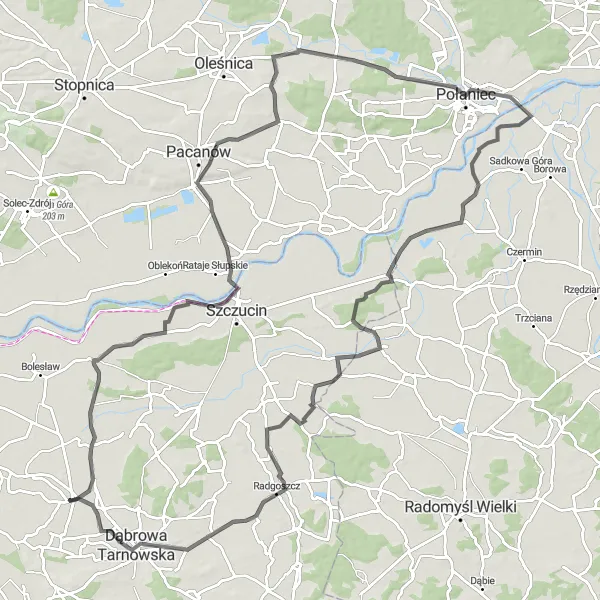 Map miniature of "Mędrzechów - Słupia - Otałęż - Radgoszcz - Dąbrowa Tarnowska Road Route" cycling inspiration in Małopolskie, Poland. Generated by Tarmacs.app cycling route planner