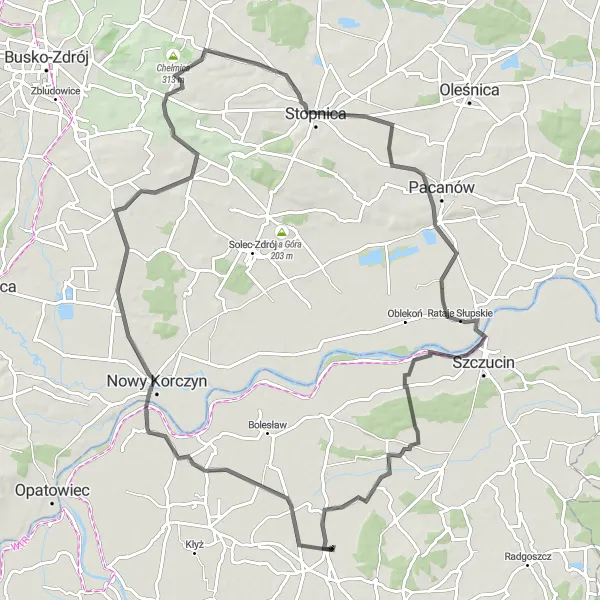 Map miniature of "The Rataje Słupskie Challenge" cycling inspiration in Małopolskie, Poland. Generated by Tarmacs.app cycling route planner