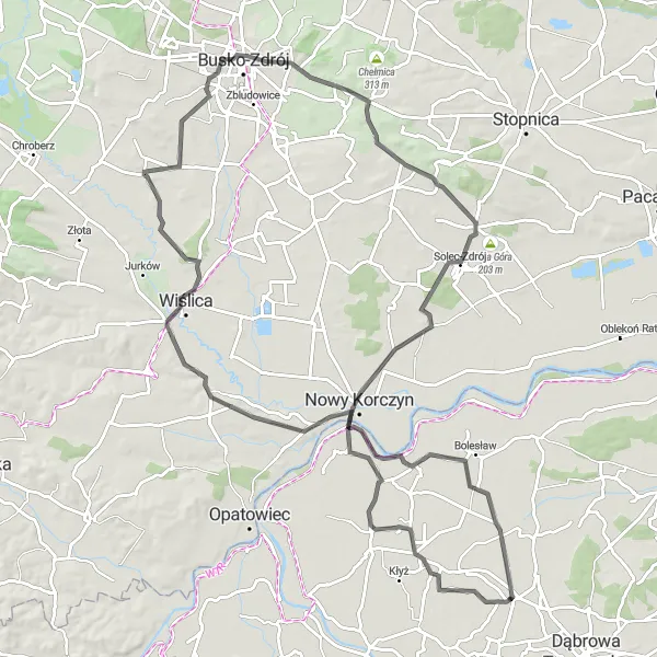 Map miniature of "Skotniki Dolne - K4 - Góra Kapturowa - Ostrowce - Samocice - Olesno Road Route" cycling inspiration in Małopolskie, Poland. Generated by Tarmacs.app cycling route planner