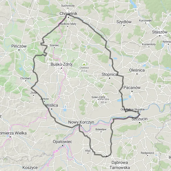 Map miniature of "Wola Zagojska Dolna - Kopalnia gipsu 'Leszcze' - Uników - Kargów - Rataje Słupskie - Dąbrówki Breńskie Road Route" cycling inspiration in Małopolskie, Poland. Generated by Tarmacs.app cycling route planner