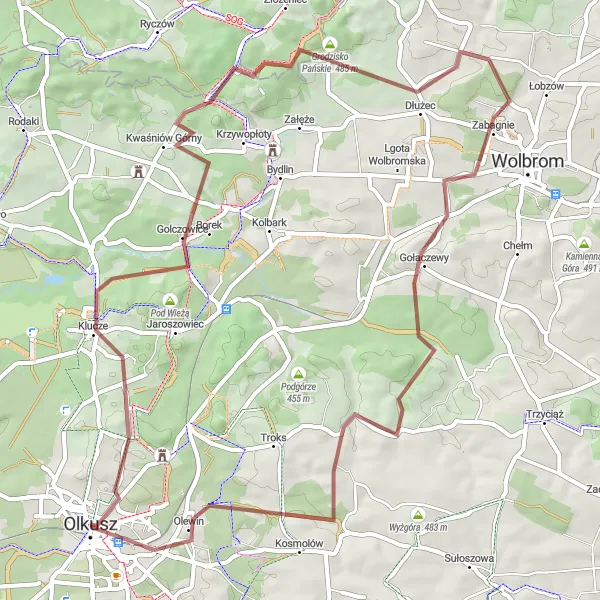 Map miniature of "Scenic Gravel Route to Olewin" cycling inspiration in Małopolskie, Poland. Generated by Tarmacs.app cycling route planner