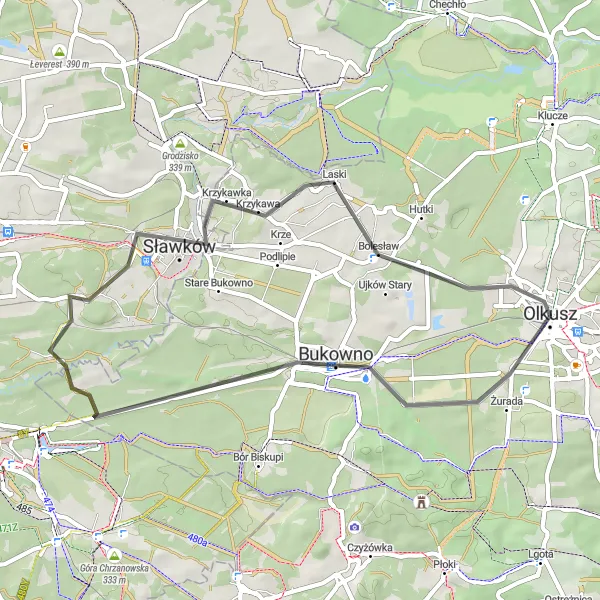 Map miniature of "Through the Countryside" cycling inspiration in Małopolskie, Poland. Generated by Tarmacs.app cycling route planner