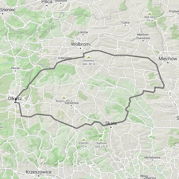 Map miniature of "Road Cycling Adventure: From Rabsztyn to Góra Żarnowiec" cycling inspiration in Małopolskie, Poland. Generated by Tarmacs.app cycling route planner